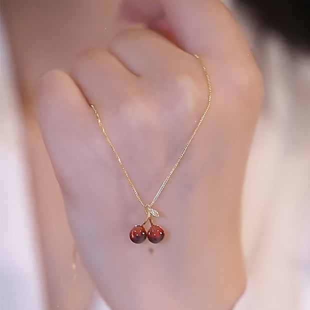 1pc Golden Red Cherries Pendant Chain Necklace For Girls Zirconia Choker Necklaces Jewelry Gifts