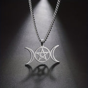 Moon Pentagram Round Pendant Necklace Stainless Steel Amulet Necklaces Jewelry
