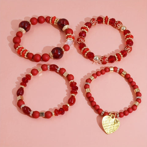 4pcs Heart Charm Beaded Bracelets