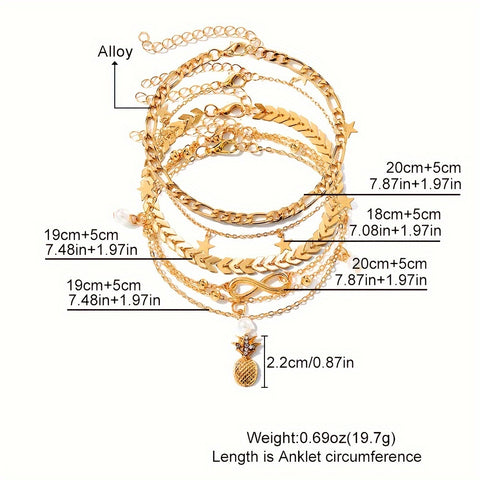 Bohemian Chic 4-Piece Anklets Set, Golden