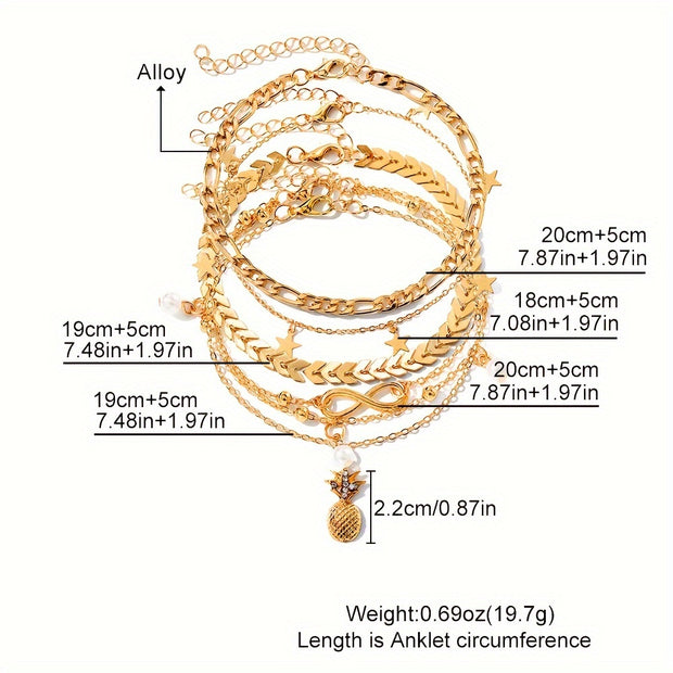 Bohemian Chic 4-Piece Anklets Set, Golden
