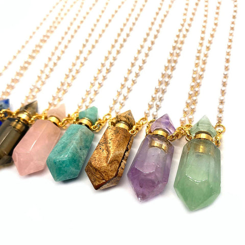 Natural Gems Stone Faceted Prism Perfume Bottle Pendants With Stainless Steel Chain Necklace