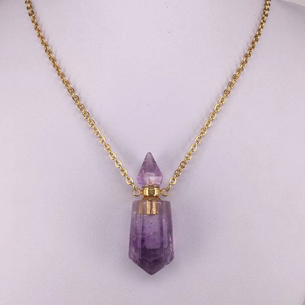 Natural Gems Stone Faceted Prism Perfume Bottle Pendants With Stainless Steel Chain Necklace