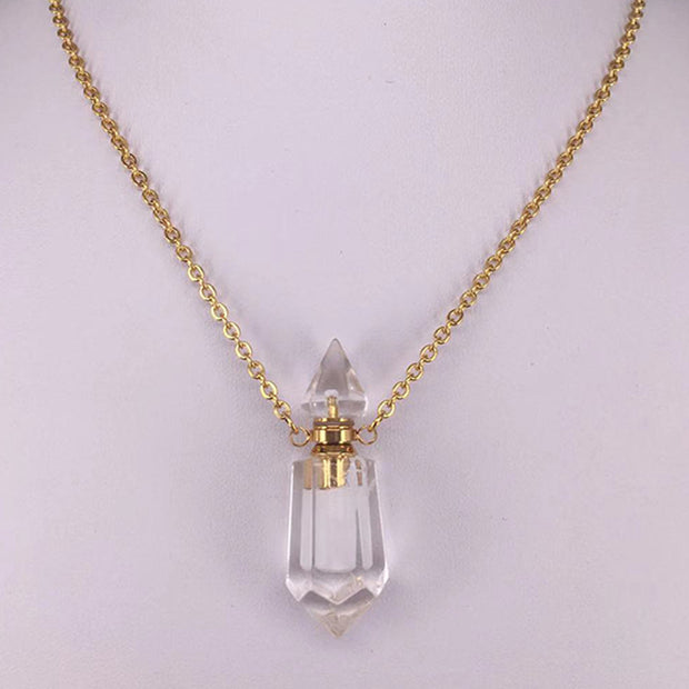 Natural Gems Stone Faceted Prism Perfume Bottle Pendants With Stainless Steel Chain Necklace