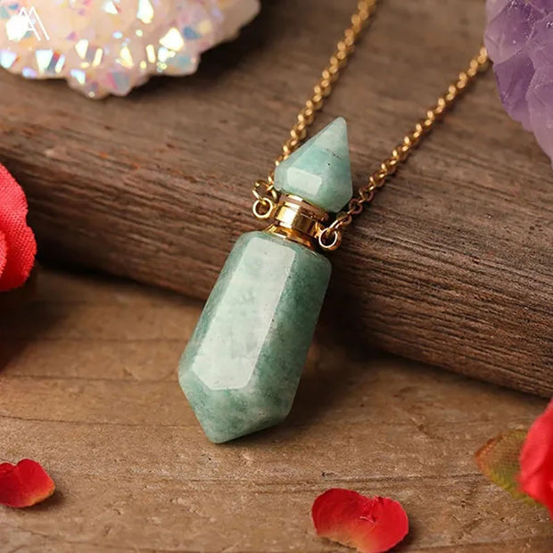 Natural Gems Stone Faceted Prism Perfume Bottle Pendants With Stainless Steel Chain Necklace
