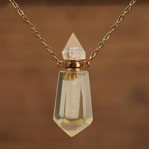 Natural Gems Stone Faceted Prism Perfume Bottle Pendants With Stainless Steel Chain Necklace