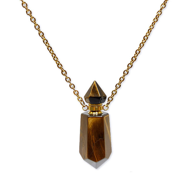 Natural Gems Stone Faceted Prism Perfume Bottle Pendants With Stainless Steel Chain Necklace