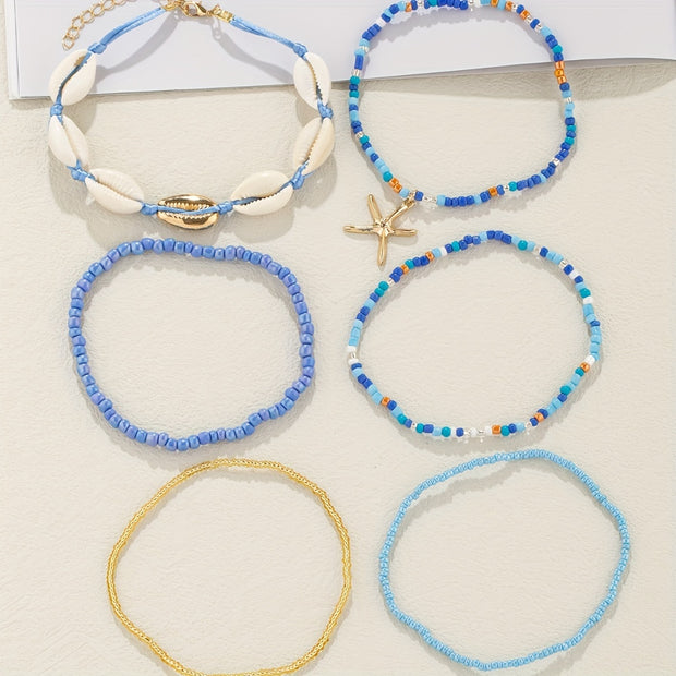 6pcs Set Unisex Glass Bead Anklets with Faux