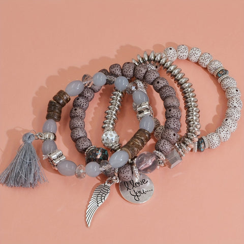 4pcs Heart Charm Beaded Bracelets