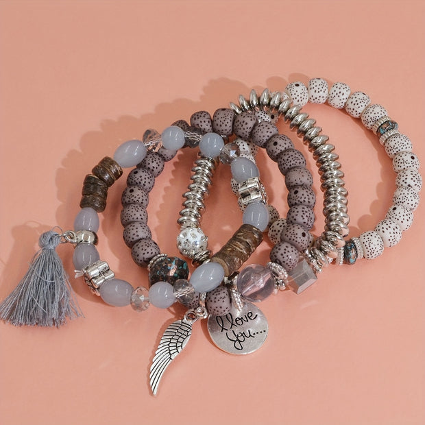 4pcs Heart Charm Beaded Bracelets