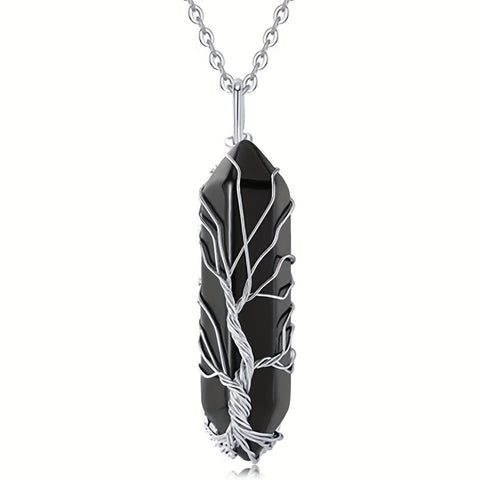 1pc Tree Of Life Wire Wrapped Crystal Point Pendant Necklace,