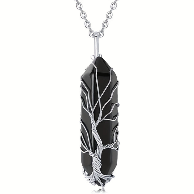 1pc Tree Of Life Wire Wrapped Crystal Point Pendant Necklace,