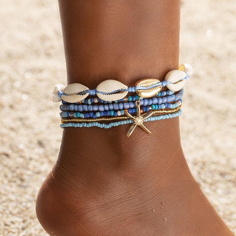 6pcs Set Unisex Glass Bead Anklets with Faux