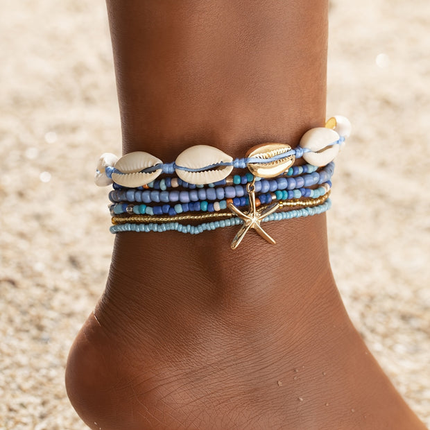 6pcs Set Unisex Glass Bead Anklets with Faux