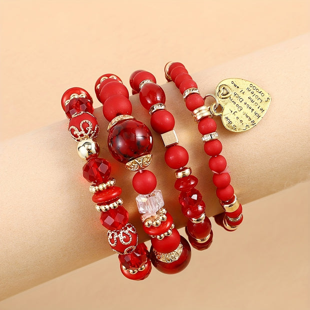 4pcs Heart Charm Beaded Bracelets