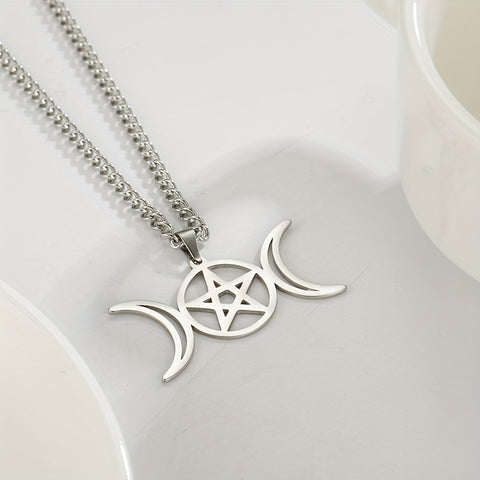 Moon Pentagram Round Pendant Necklace Stainless Steel Amulet Necklaces Jewelry