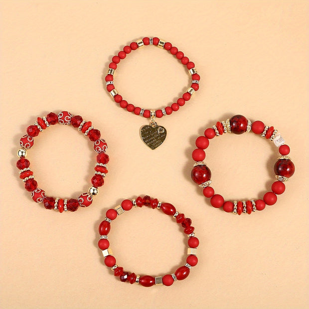 4pcs Heart Charm Beaded Bracelets
