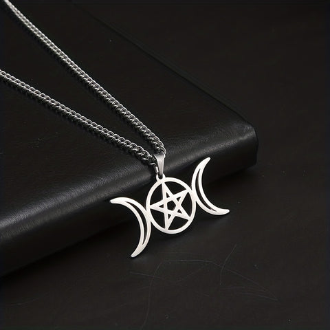 Moon Pentagram Round Pendant Necklace Stainless Steel Amulet Necklaces Jewelry