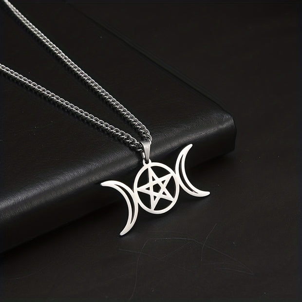 Moon Pentagram Round Pendant Necklace Stainless Steel Amulet Necklaces Jewelry