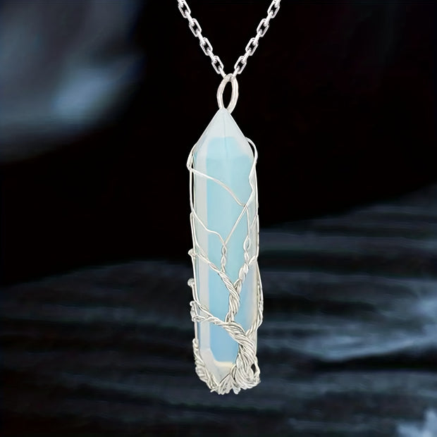 1pc Tree Of Life Wire Wrapped Crystal Point Pendant Necklace,