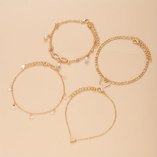 Bohemian Chic 4-Piece Anklets Set, Golden