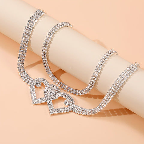 2pcs Trendy Style Double Heart Rhinestone Decor Anklets