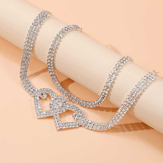 2pcs Trendy Style Double Heart Rhinestone Decor Anklets