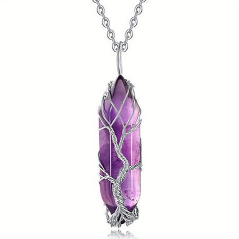 1pc Tree Of Life Wire Wrapped Crystal Point Pendant Necklace,