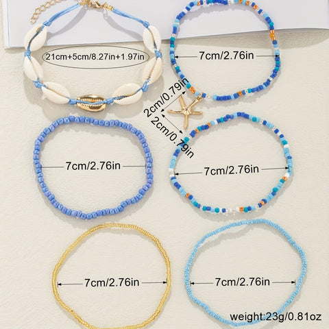 6pcs Set Unisex Glass Bead Anklets with Faux