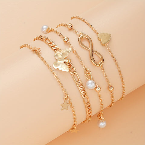 Bohemian Chic 4-Piece Anklets Set, Golden