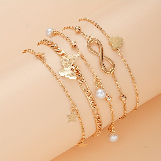 Bohemian Chic 4-Piece Anklets Set, Golden