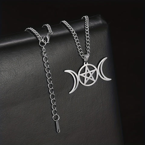 Moon Pentagram Round Pendant Necklace Stainless Steel Amulet Necklaces Jewelry