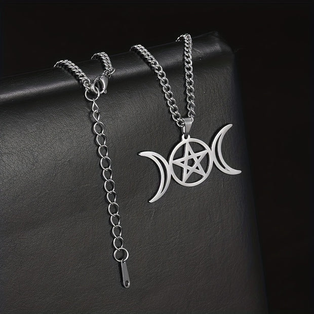 Moon Pentagram Round Pendant Necklace Stainless Steel Amulet Necklaces Jewelry
