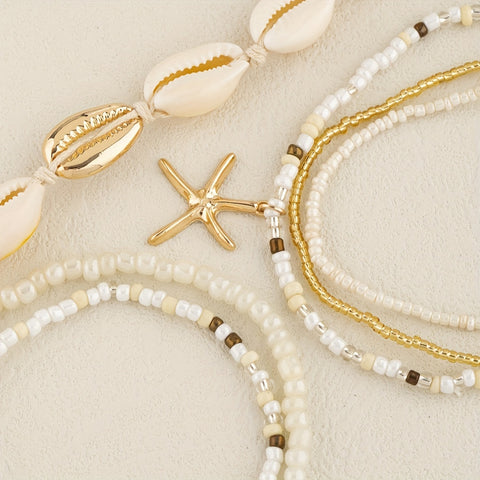 6pcs Set Unisex Glass Bead Anklets with Faux