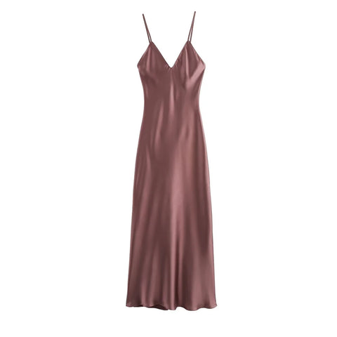 Women's Satin Midi Dress, V Neck, Thin Straps, Backless