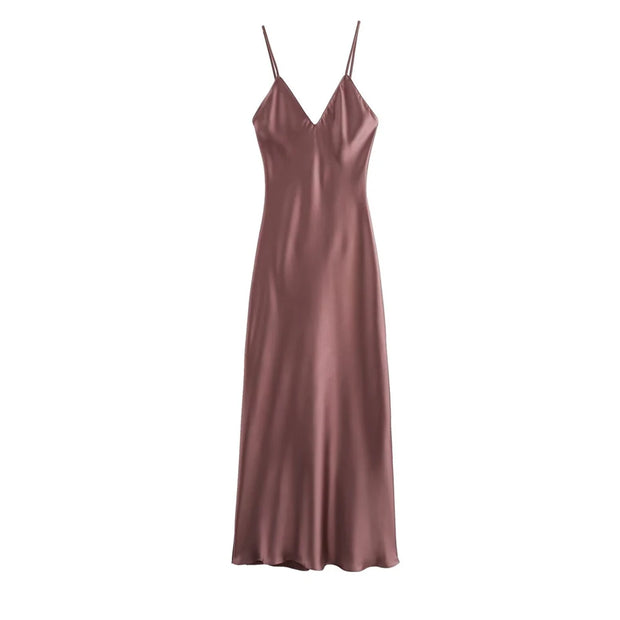 Women's Satin Midi Dress, V Neck, Thin Straps, Backless