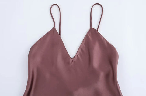 Women's Satin Midi Dress, V Neck, Thin Straps, Backless