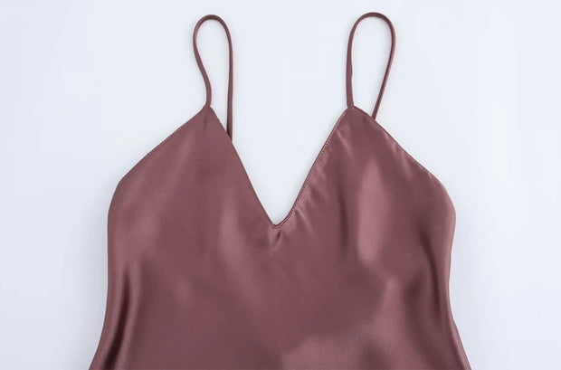 Women's Satin Midi Dress, V Neck, Thin Straps, Backless