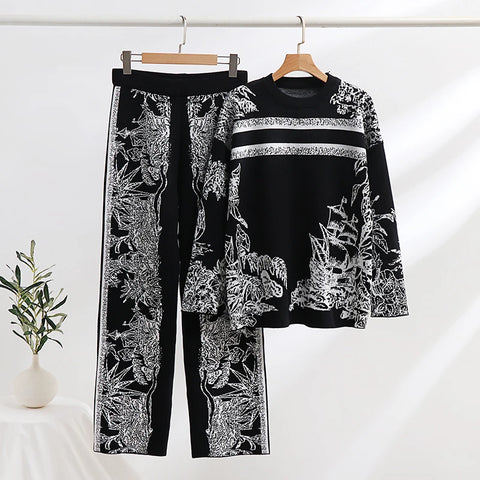 Elegant Loungewear 2 Piece Knit Pants Set Ink