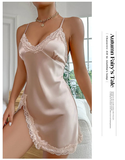 Silk Satin Lace Women Nightgown Sleeveless