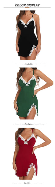 Sexy Sleepwear Women Lace Silk Satin V-Neck