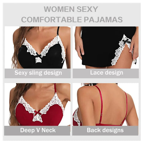 Sexy Sleepwear Women Lace Silk Satin V-Neck