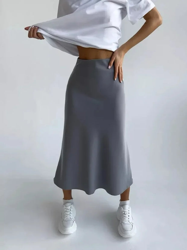 Silk Satin Skirts for Women Elastic High Waist