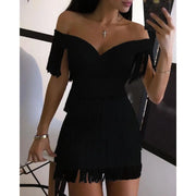 Women Evening Dresses Sexy Big V Neck One-shoulder Fringed Skirt Ladies Temperament Slim Dress Short Sleeve Club Dress Vestidos