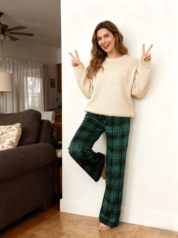 Women Plaid Flannel Pants Winter Warm Soft
