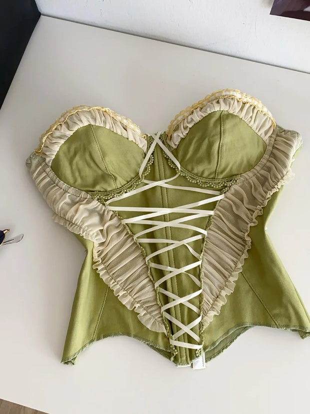 Women Summer Tube Top Corset Bustier Ruffle Hem