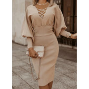 Dresses for Women 2022 Summer Autumn Fashion Casual V Neck Long Sleeve Hollow Out Waist Pack Hip Dress