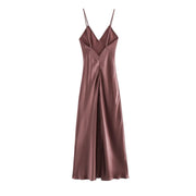 Women's Satin Midi Dress, V Neck, Thin Straps, Backless
