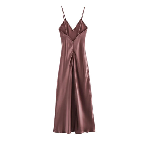 Women's Satin Midi Dress, V Neck, Thin Straps, Backless