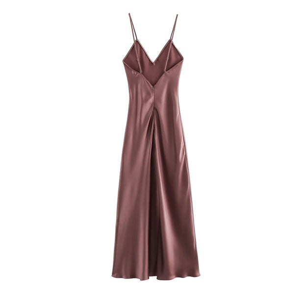 Women's Satin Midi Dress, V Neck, Thin Straps, Backless